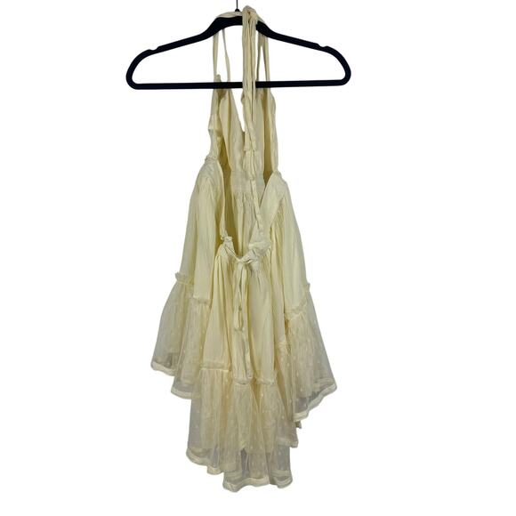 Womens Textured Lace Halter Tie Babydoll Lined Tiered Cream Mini Dress Small - Picture 2 of 8
